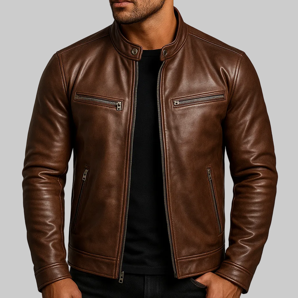 Vintage Faux Leather Biker Jacket with Stand Collar and Zip Pockets