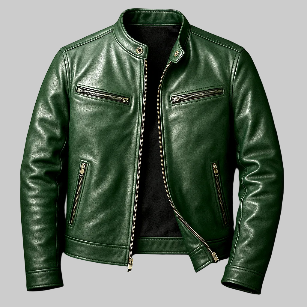 Vintage Faux Leather Biker Jacket with Stand Collar and Zip Pockets