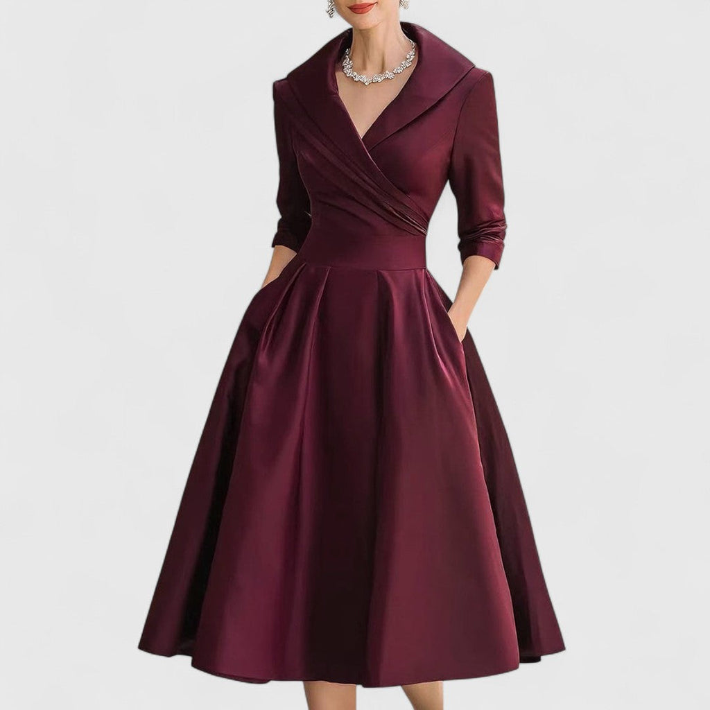 V-Neck Midi Dress with Flared Skirt & Pockets
