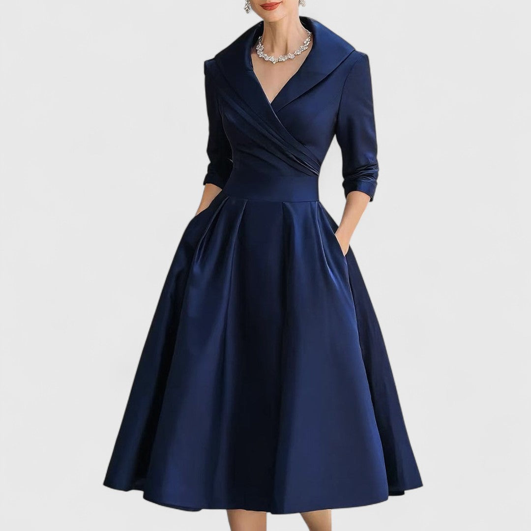 V-Neck Midi Dress with Flared Skirt & Pockets
