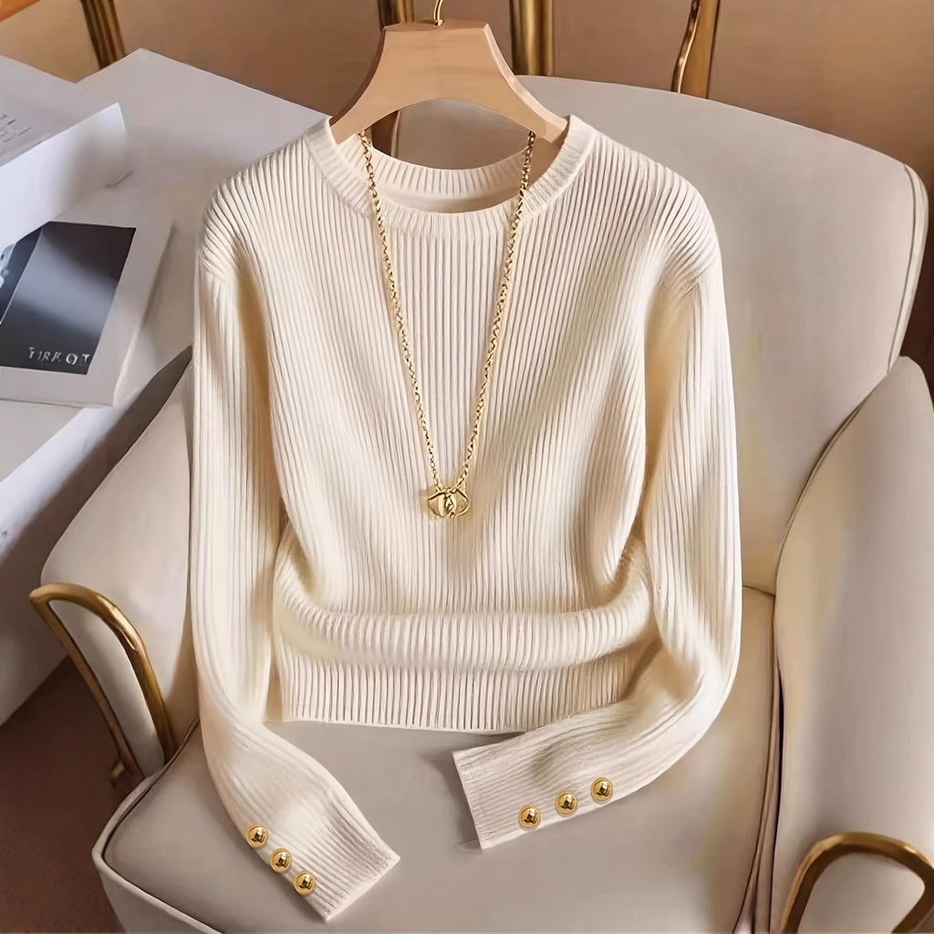 Rosamund Fairweather | Ribbed Knit Long-Sleeve Top with Gold Button Cuffs