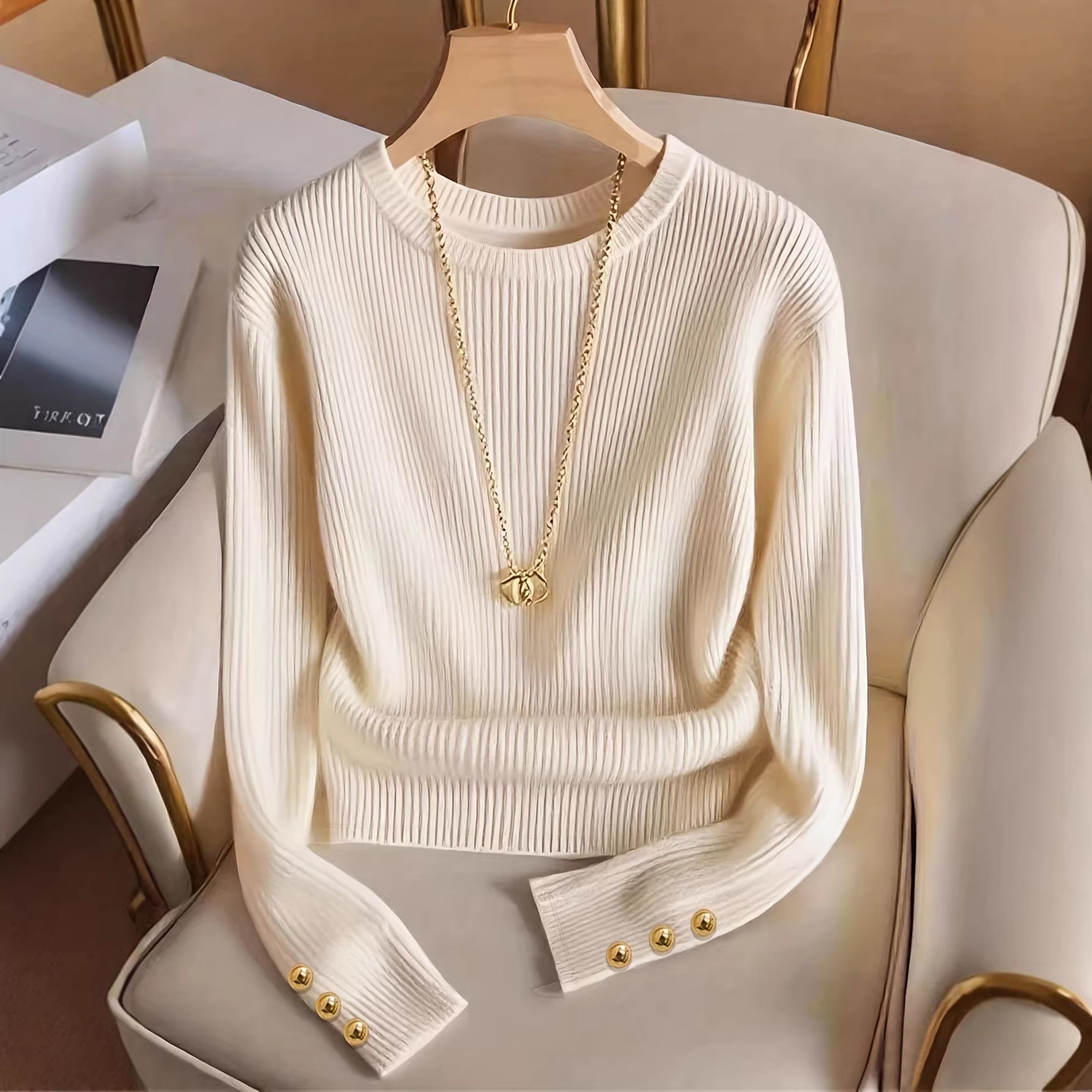 Rosamund Fairweather | Ribbed Knit Long-Sleeve Top with Gold Button Cuffs