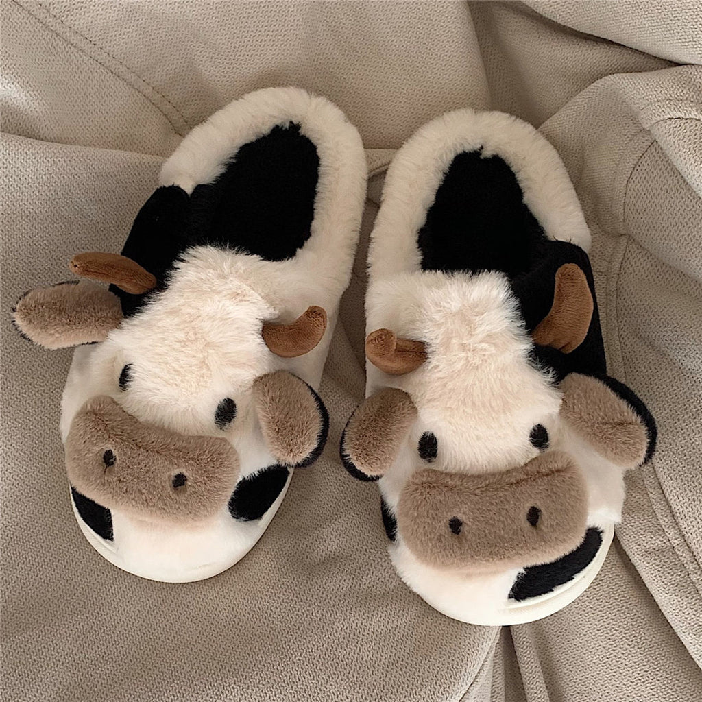Millicent Hill | Cosy Cow Print Plush Slippers