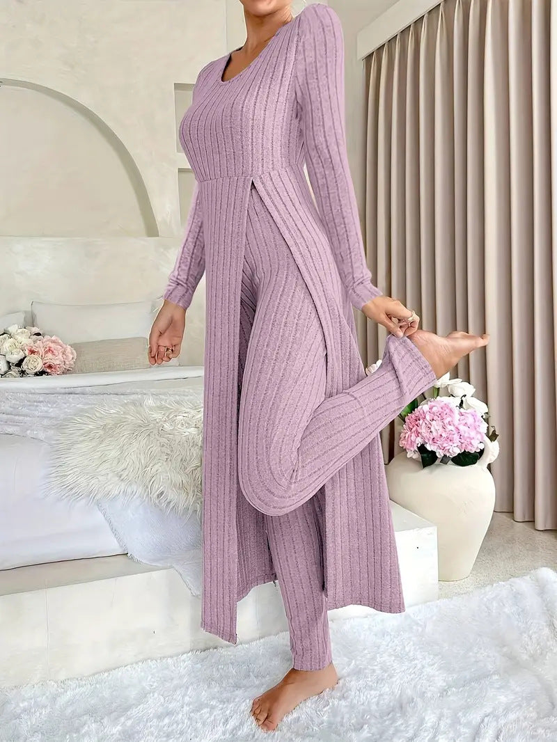 Lavinia Hartwell | Ribbed Knit Split Long Sleeve Two-Piece Set