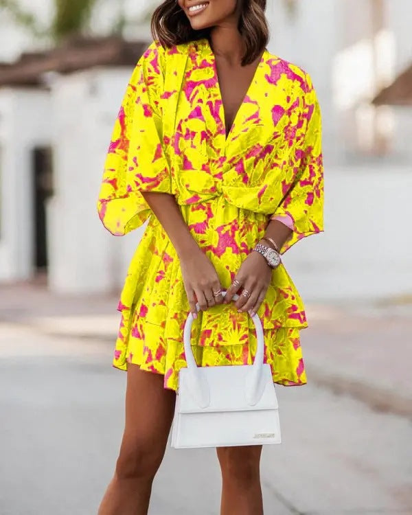 Marianne Oakley | Batwing Sleeve Printed Midi Dress With Twist Front