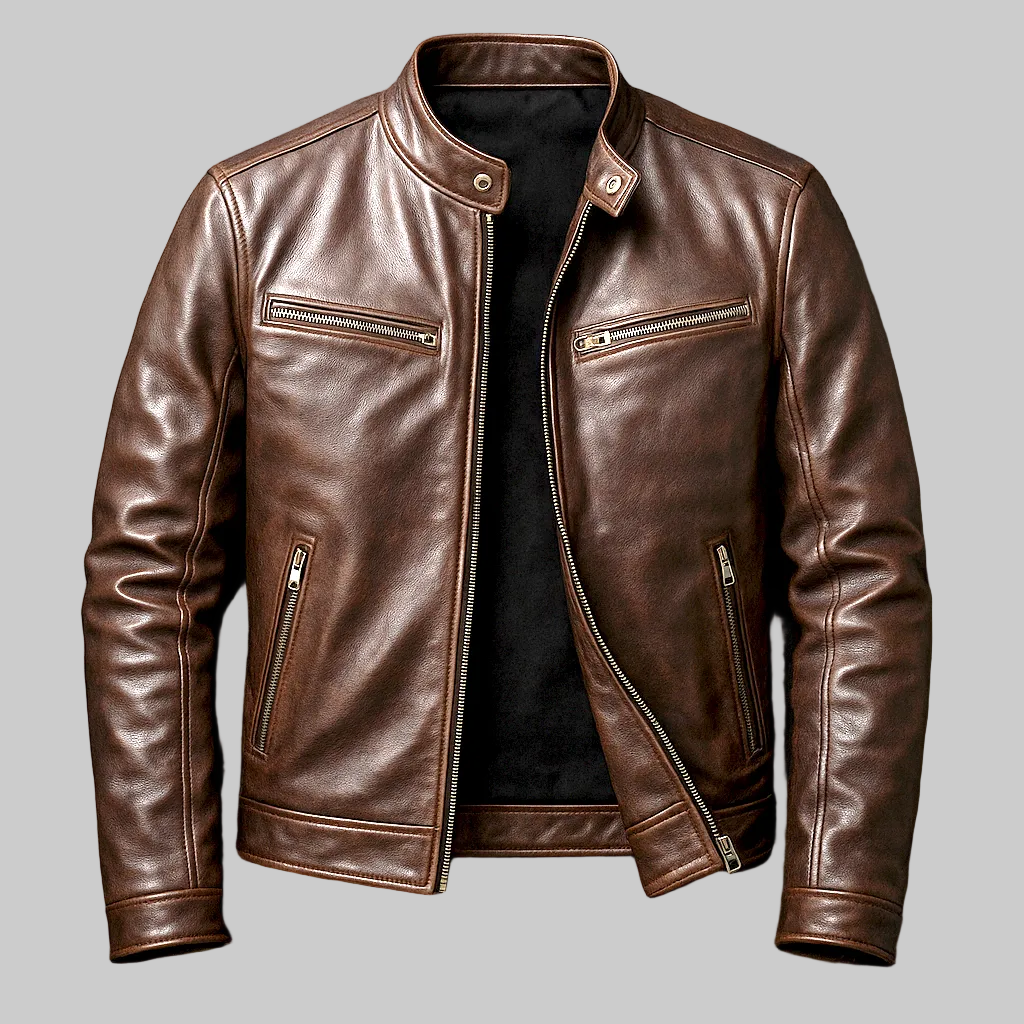 Vintage Faux Leather Biker Jacket with Stand Collar and Zip Pockets