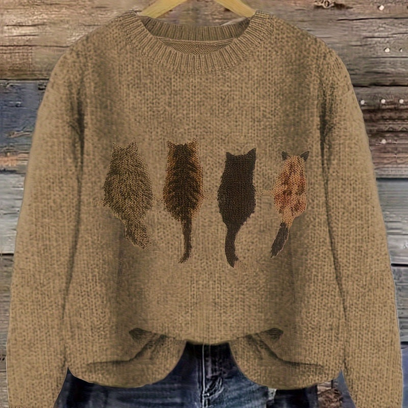 Matilda Green | Cat Print Crew Neck Knit Sweater