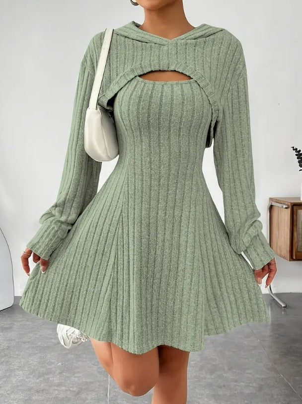 Verity Jones | Ribbed Knit Hooded Mini Dress with Layered Vest