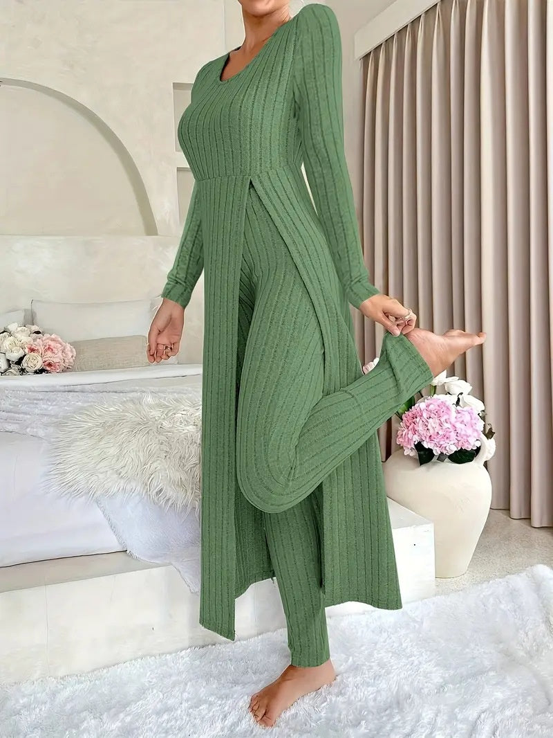 Lavinia Hartwell | Ribbed Knit Split Long Sleeve Two-Piece Set
