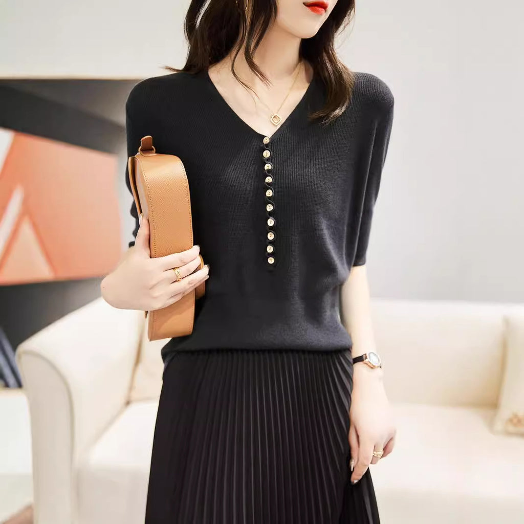 Alice Bennett | Green V-Neck Knit Top with Button Detail