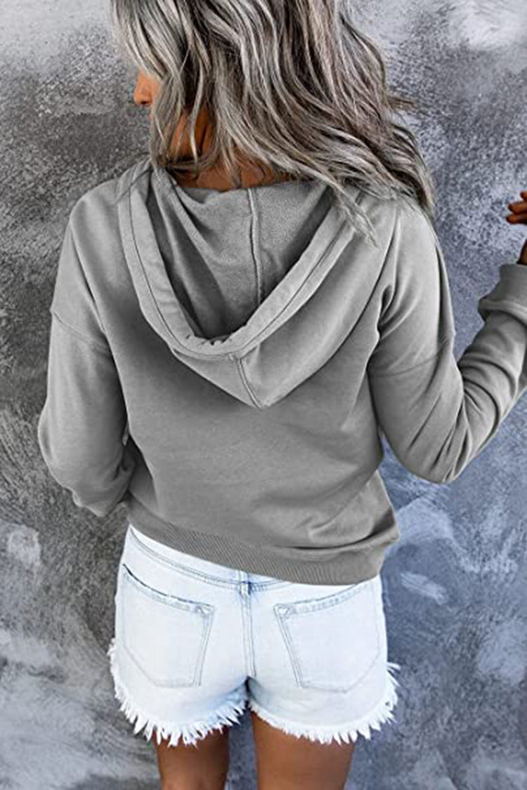 Hattie Marsh | Blue Hooded Button Drawstring Sweatshirt For Women
