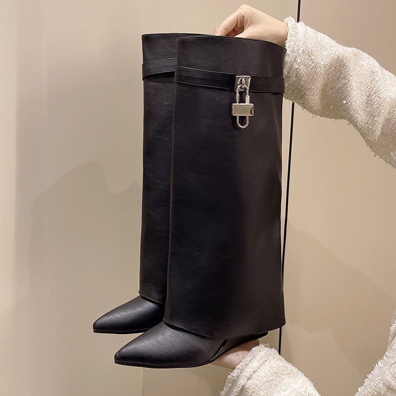 Cordelia Fairweather | Pointed Toe Fold-Over Boots with Gold Buckle