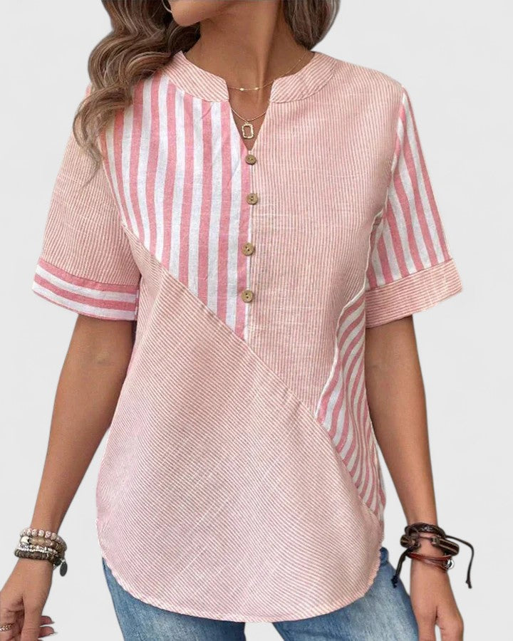 Eleanor Pemberton | Striped Notched-Neck Blouse With Button Detail