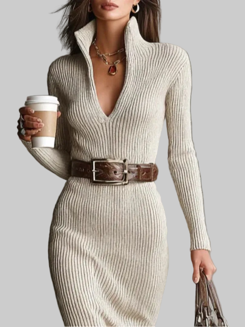 Women's Ribbed Knit V-Neck Collared Midi Dress