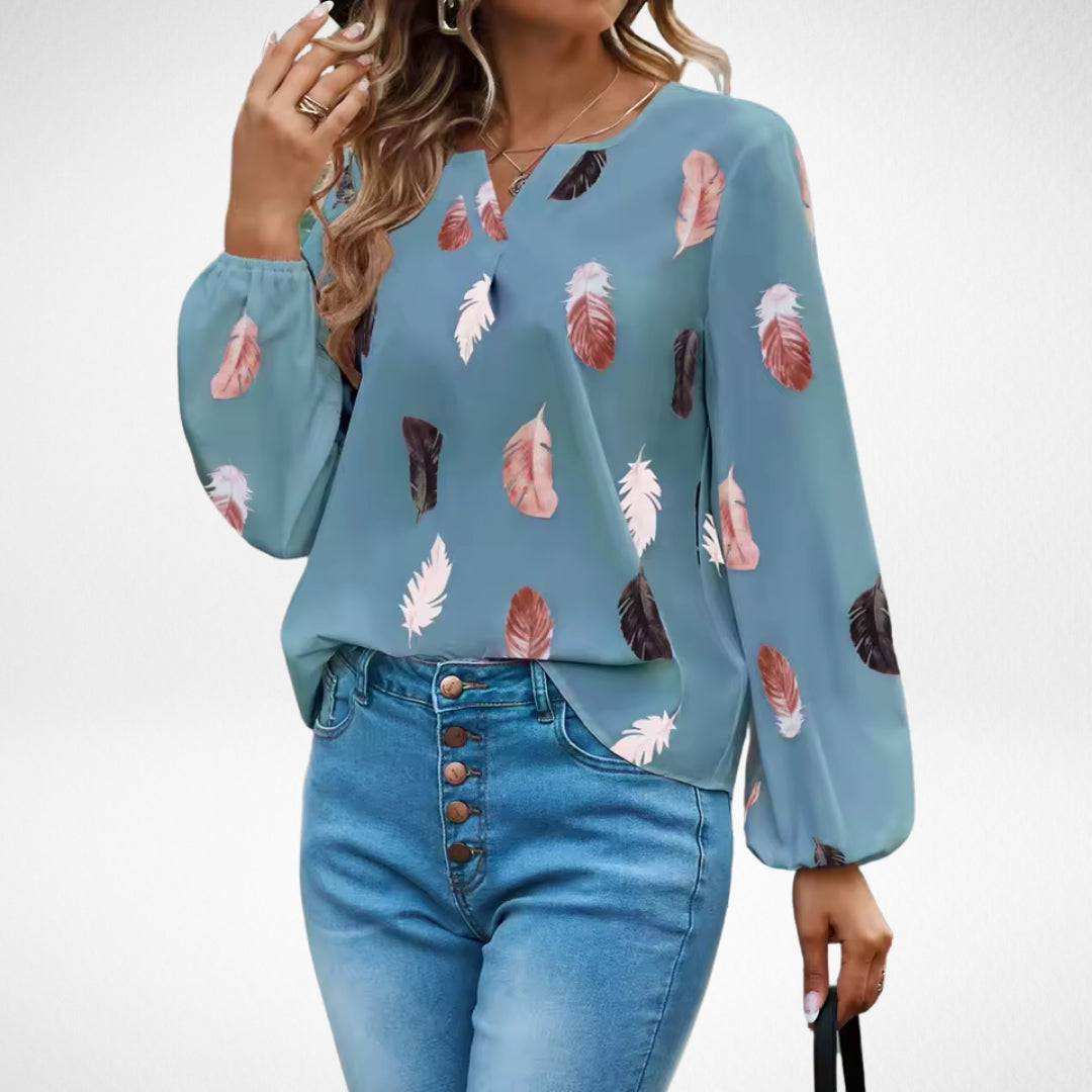 Daisy Fairweather | Feather Print Blouse With Billowed Sleeves