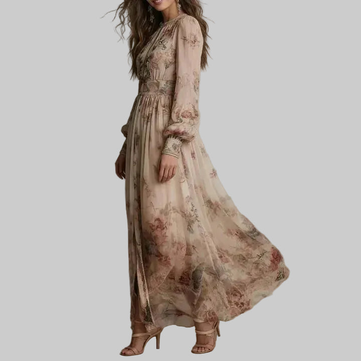 Women's Vintage Floral High Neck Maxi Dress with Long Sleeves