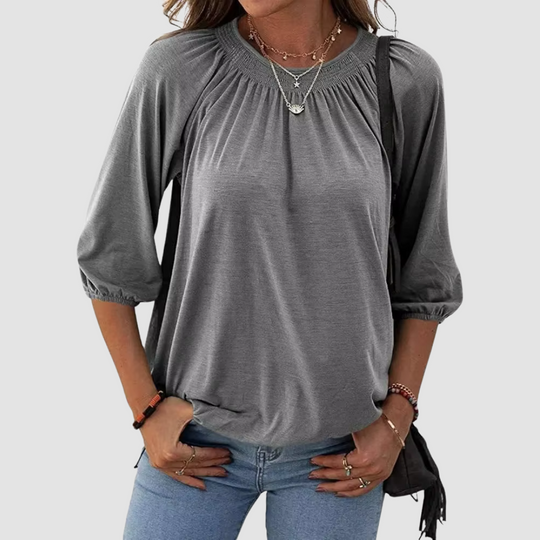 Marianne Osborne | Smocked Round Neck Blouse With Balloon Sleeves