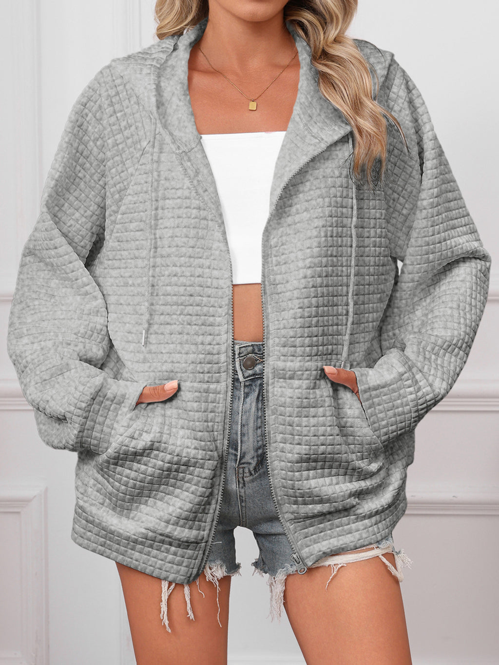 Lucy Barrington | White Textured Zip-Up Hooded Jacket