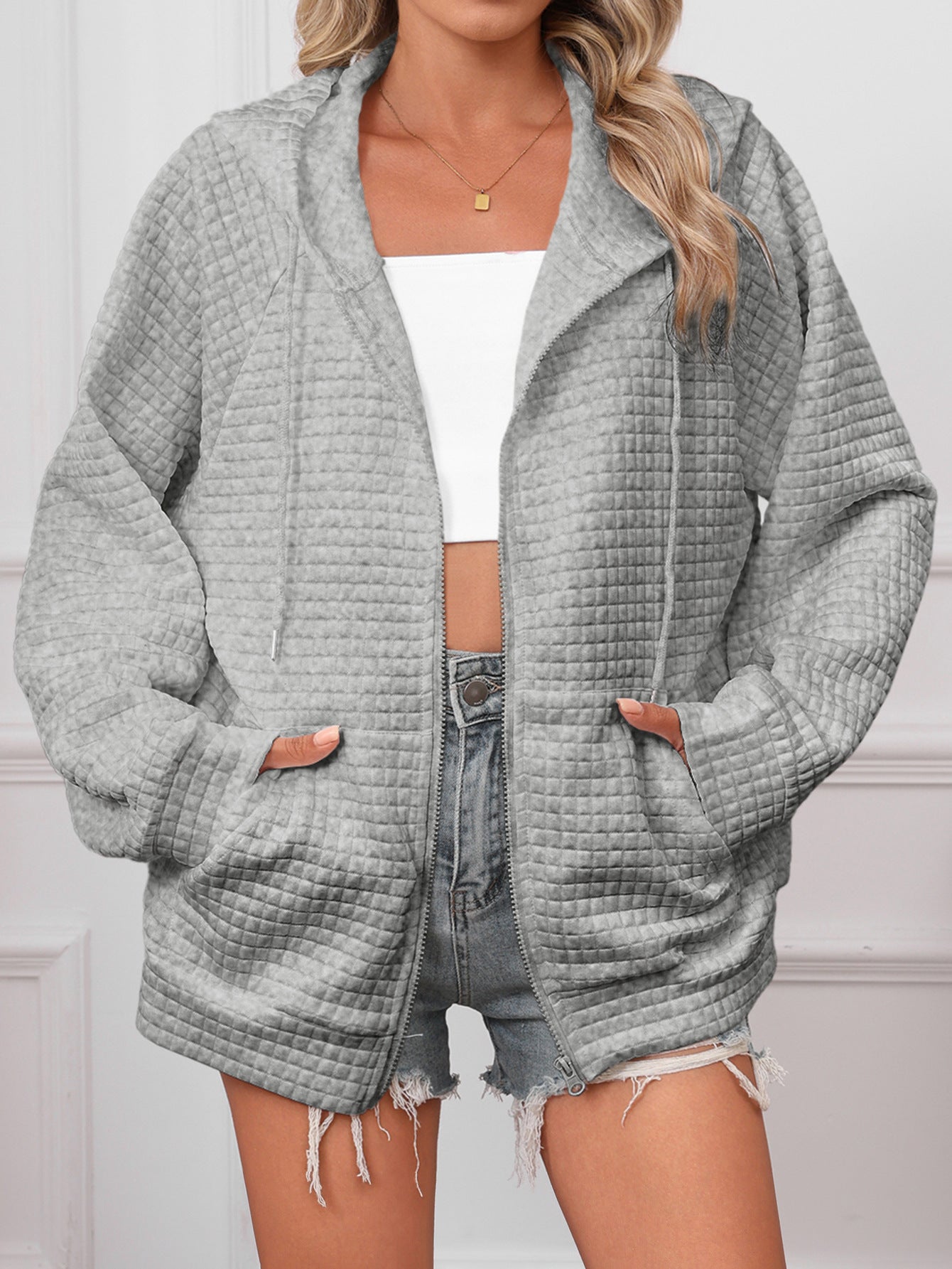 Lucy Barrington | White Textured Zip-Up Hooded Jacket