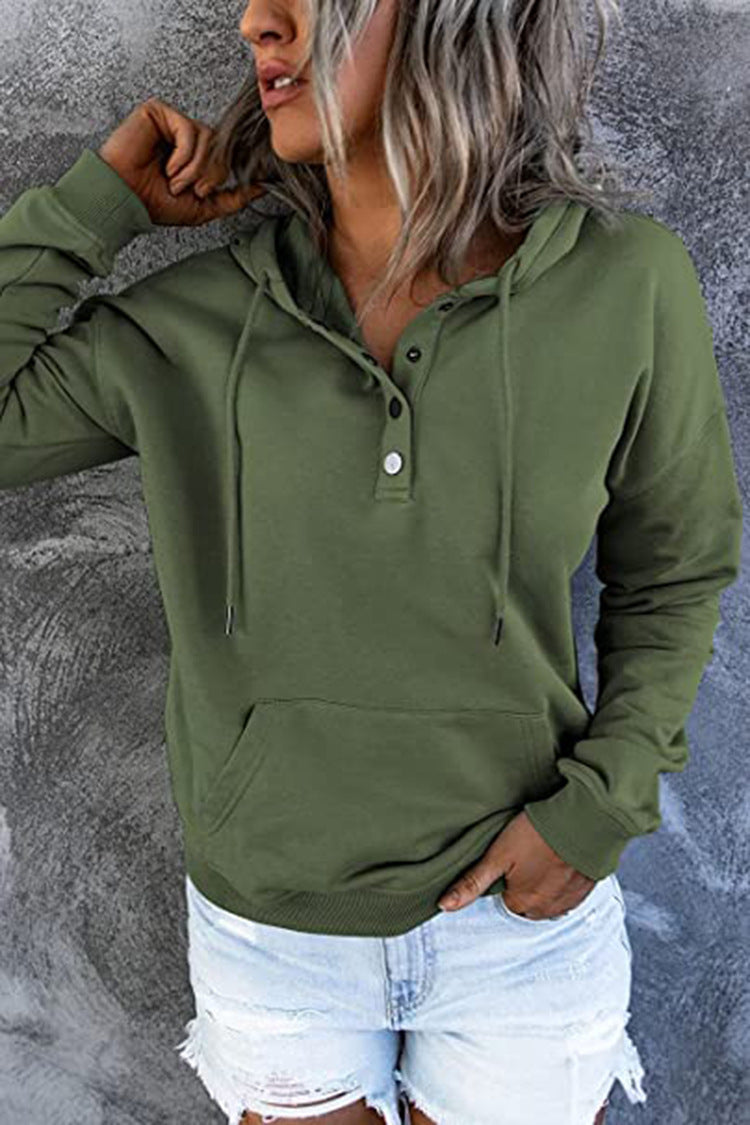 Hattie Marsh | Blue Hooded Button Drawstring Sweatshirt For Women