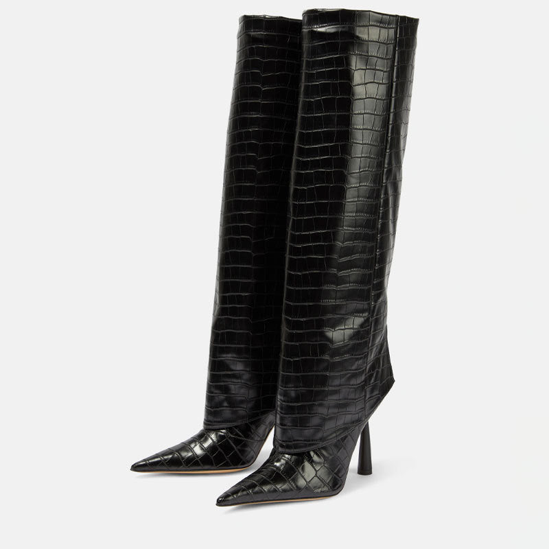 Eleanor Pryce | Knee-High Croc-Effect Pointed Toe Stiletto Boots
