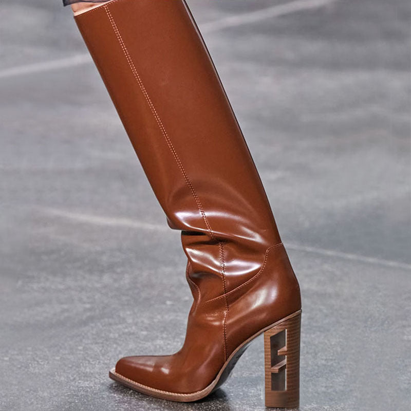 Ottilie Marsh | Chunky Heel Knee-High Boots in Tan Leather
