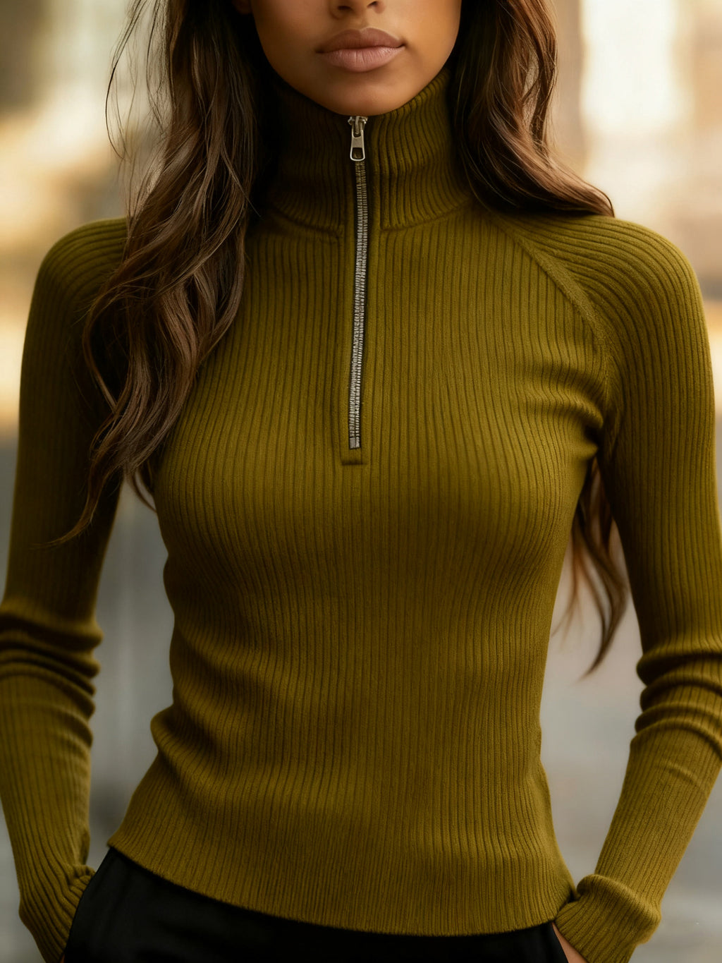 Prudence Kavanagh | Ribbed Zip-Neck Knit Top