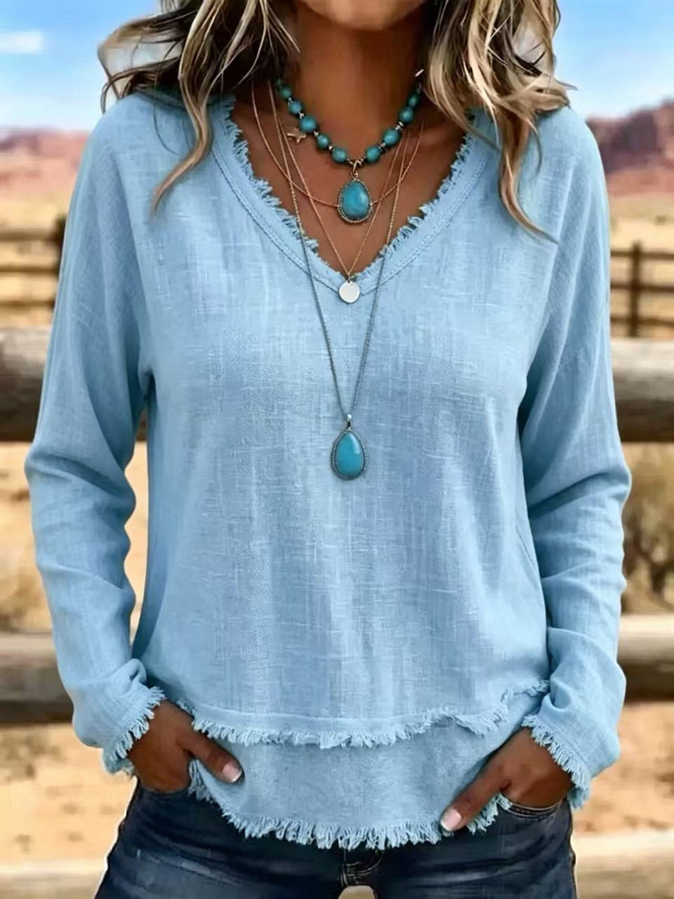 Margot Ainsley | Frayed V-Neck Long Sleeve Top