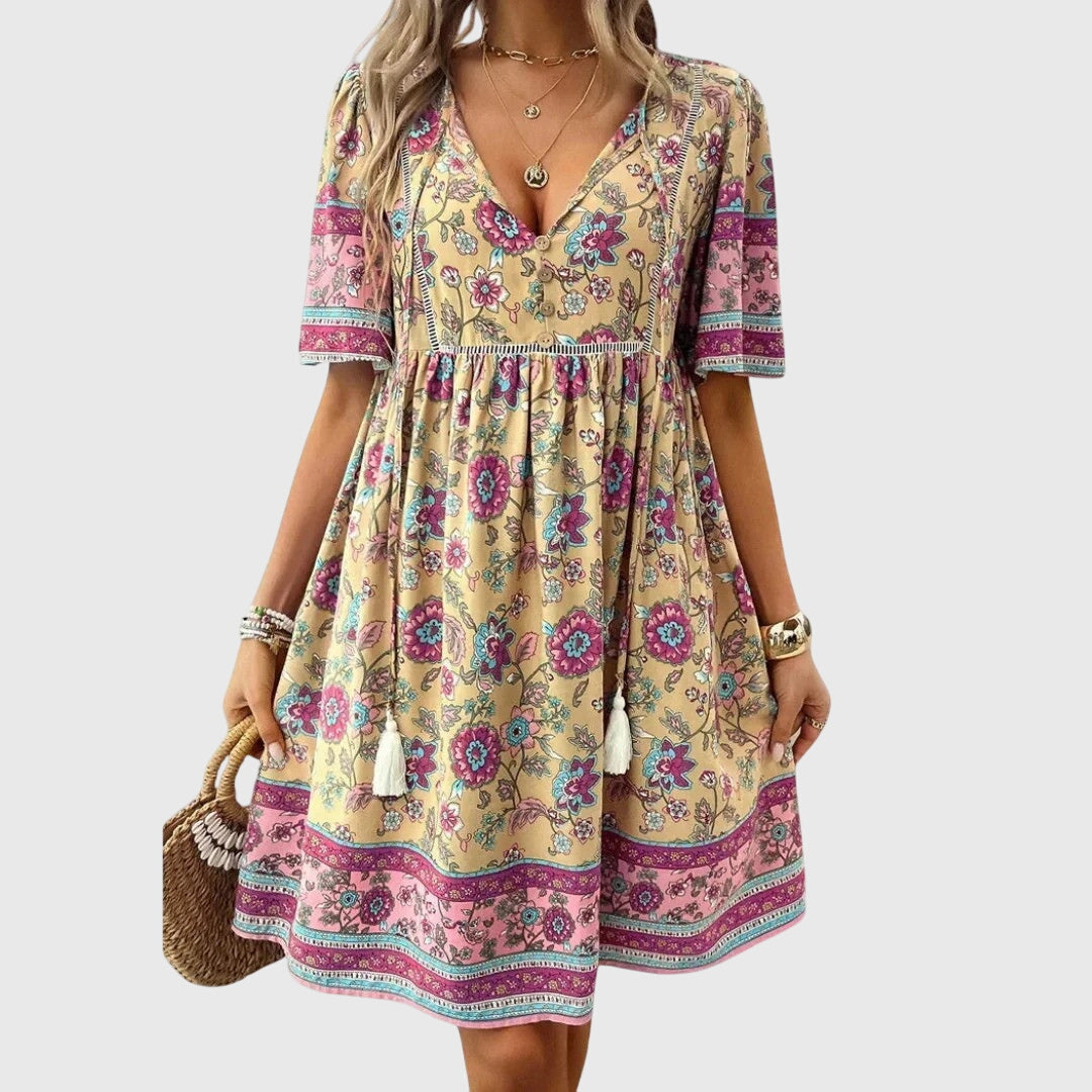 Margot Delacroix | Floral Summer Dress With Tie Neck Detail