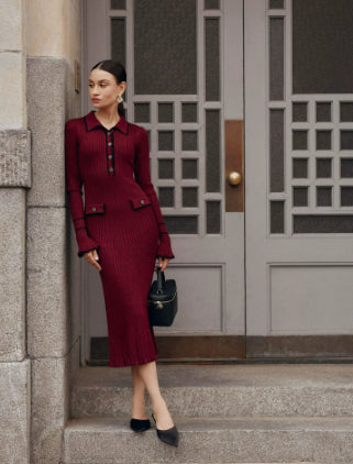 Beatrice Edwards | Ribbed Knit Collared Midi Dress