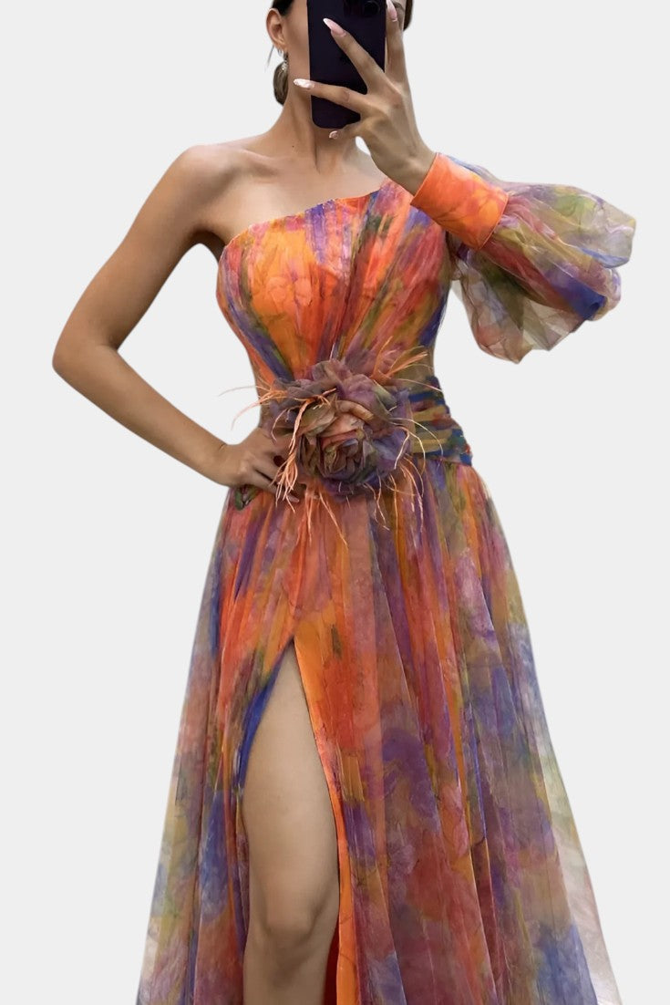 Isadora Blackwood | One-Shoulder Maxi Dress With Floral Appliqué