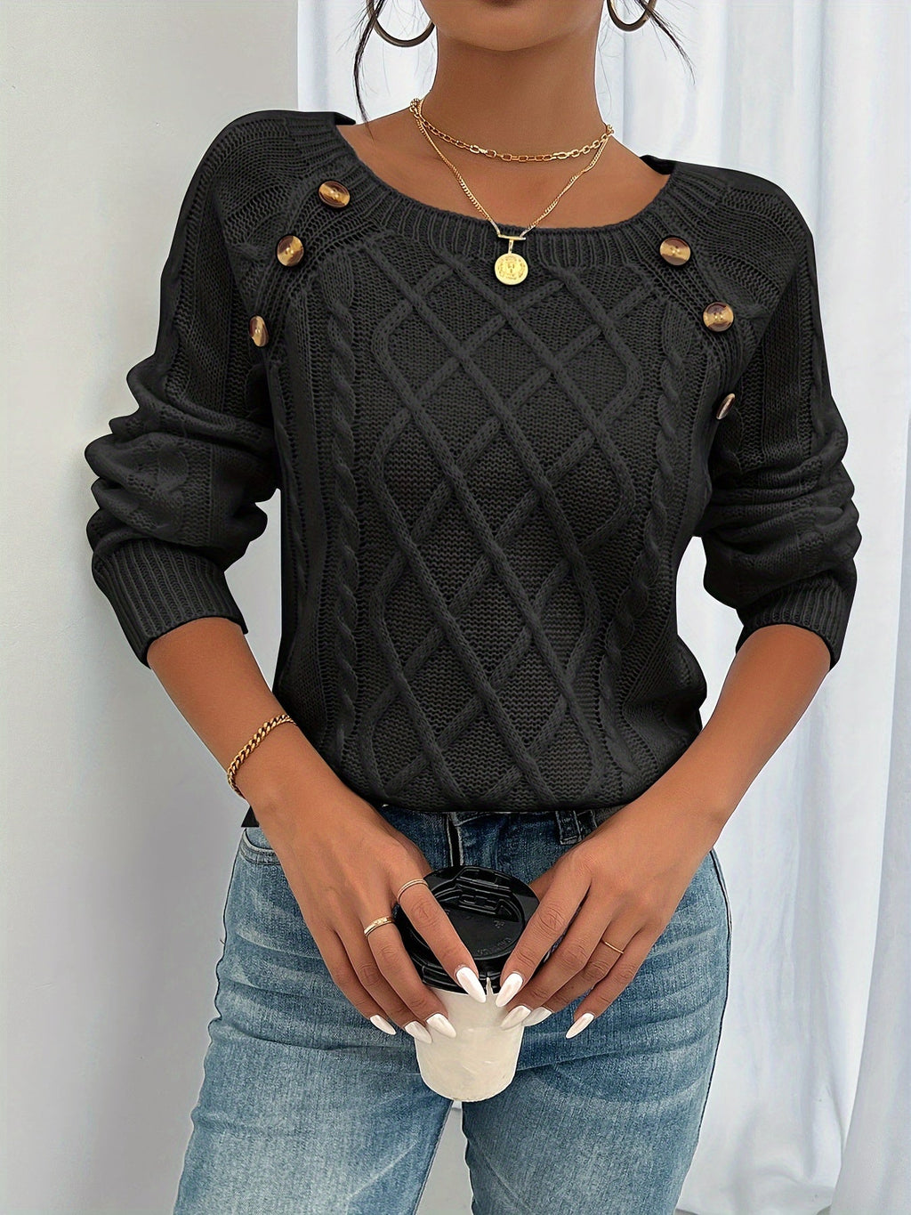 Felicity Hargreave | Textured Cable Knit Button Sweater