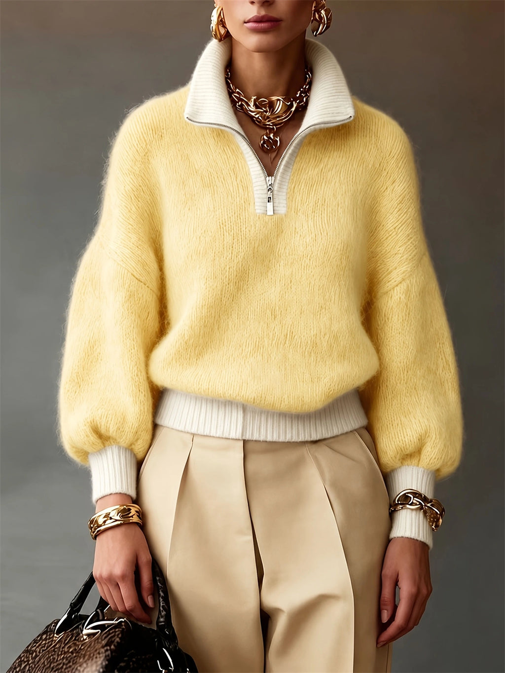 Sophie Davies | Lilac Quarter-Zip Balloon Sleeve Sweater