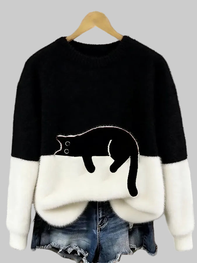 Women's Oversized Cat Print Crew Neck Jumper