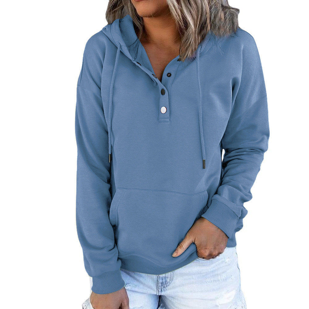 Hattie Marsh | Blue Hooded Button Drawstring Sweatshirt For Women
