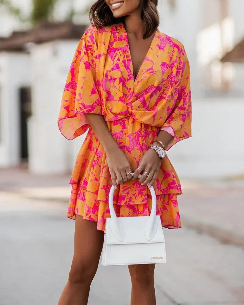 Marianne Oakley | Batwing Sleeve Printed Midi Dress With Twist Front