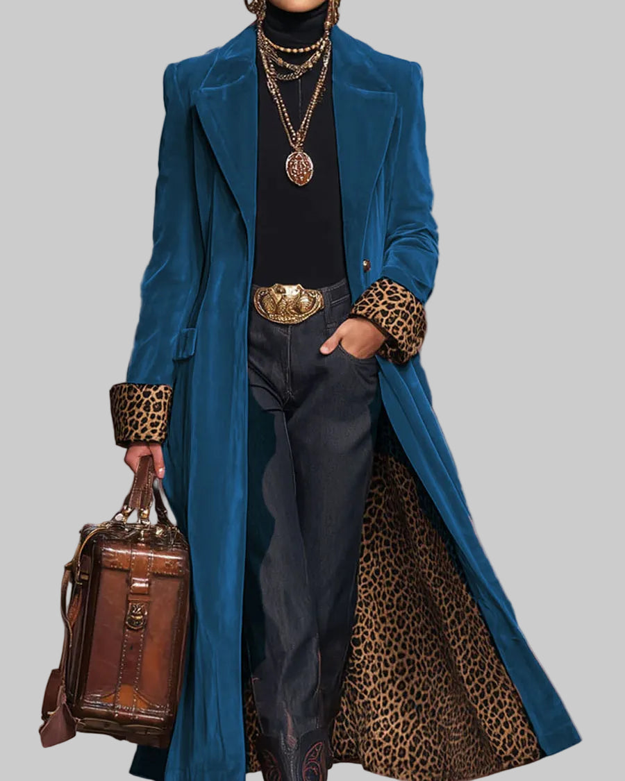 Women's Ankle-Length Tailored Coat with Leopard-Print Lining and Notched Lapels