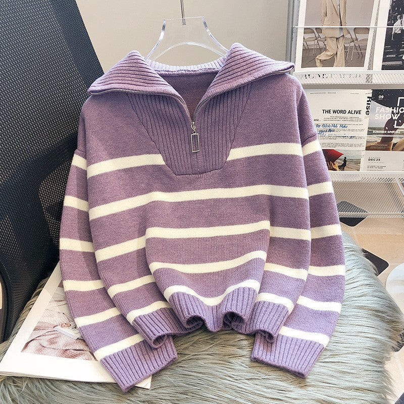 Siobhan Byrne | Striped Half-Zip Collared Knit Sweater