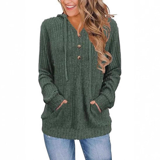 Priscilla Hawthorne | Ribbed Knit Button-Up Hoodie Sweater