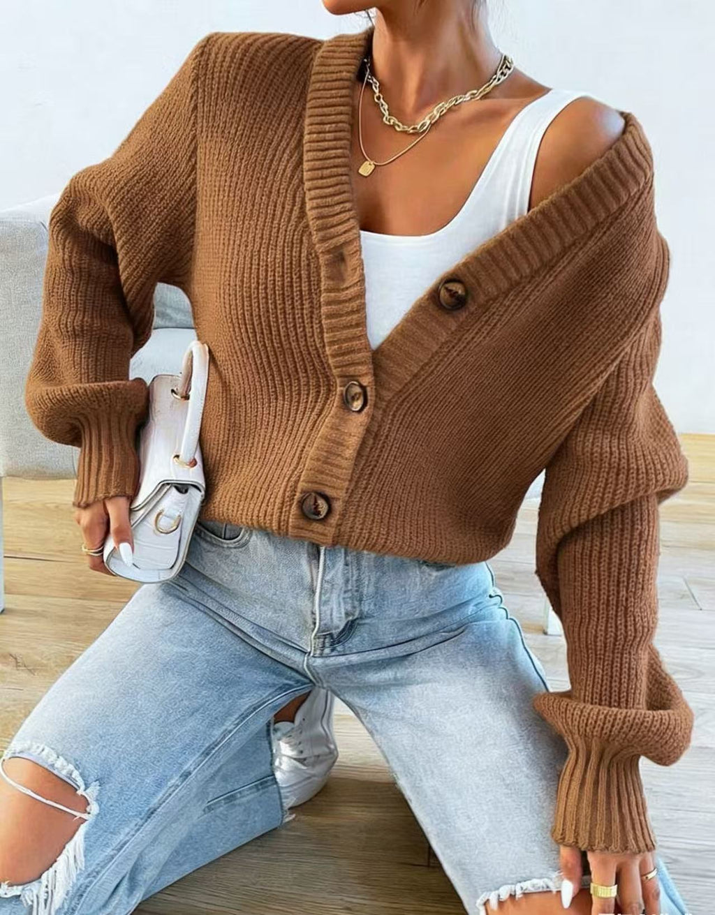 Edith Hargreaves | Green Ribbed Knit Button-Front Cardigan