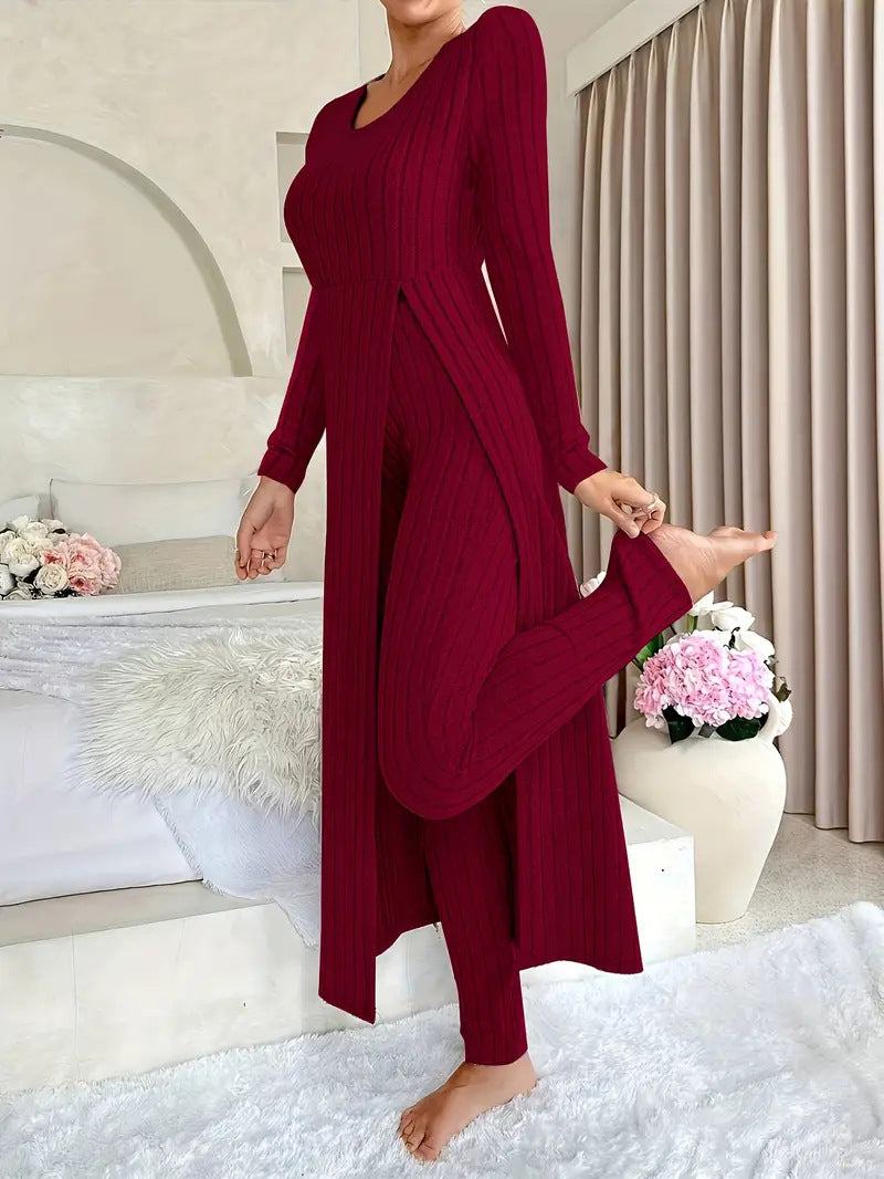 Lavinia Hartwell | Ribbed Knit Split Long Sleeve Two-Piece Set