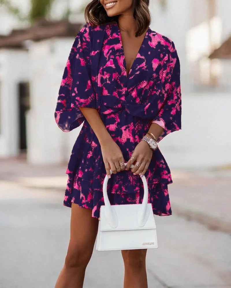 Marianne Oakley | Batwing Sleeve Printed Midi Dress With Twist Front