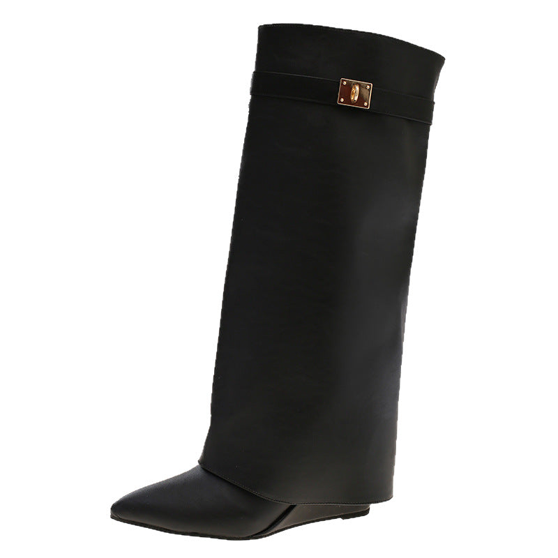 Cordelia Fairweather | Pointed Toe Fold-Over Boots with Gold Buckle