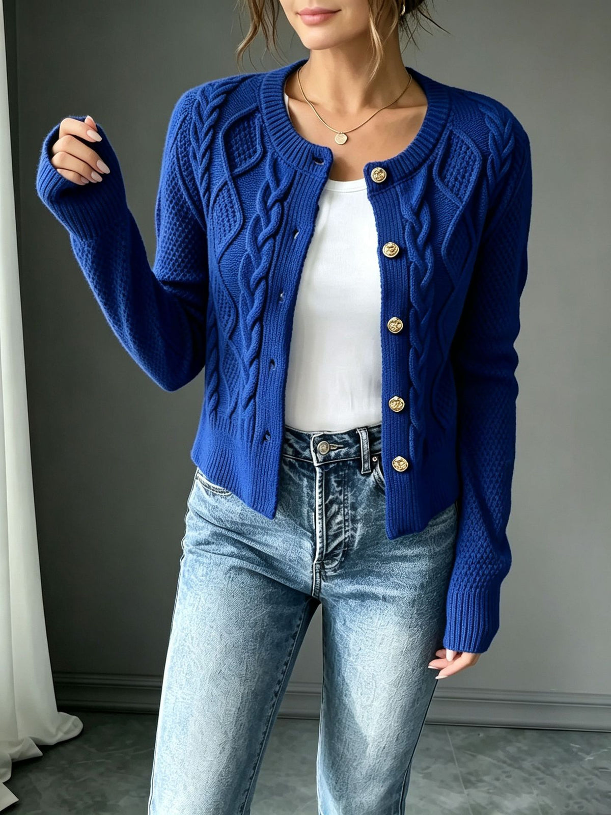 Rosalind Chapman | Navy Cable-Knit Button Cardigan