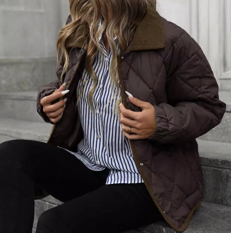 Cecily Evans | Quilted Diamond Puffer Coat with Lapel Collar