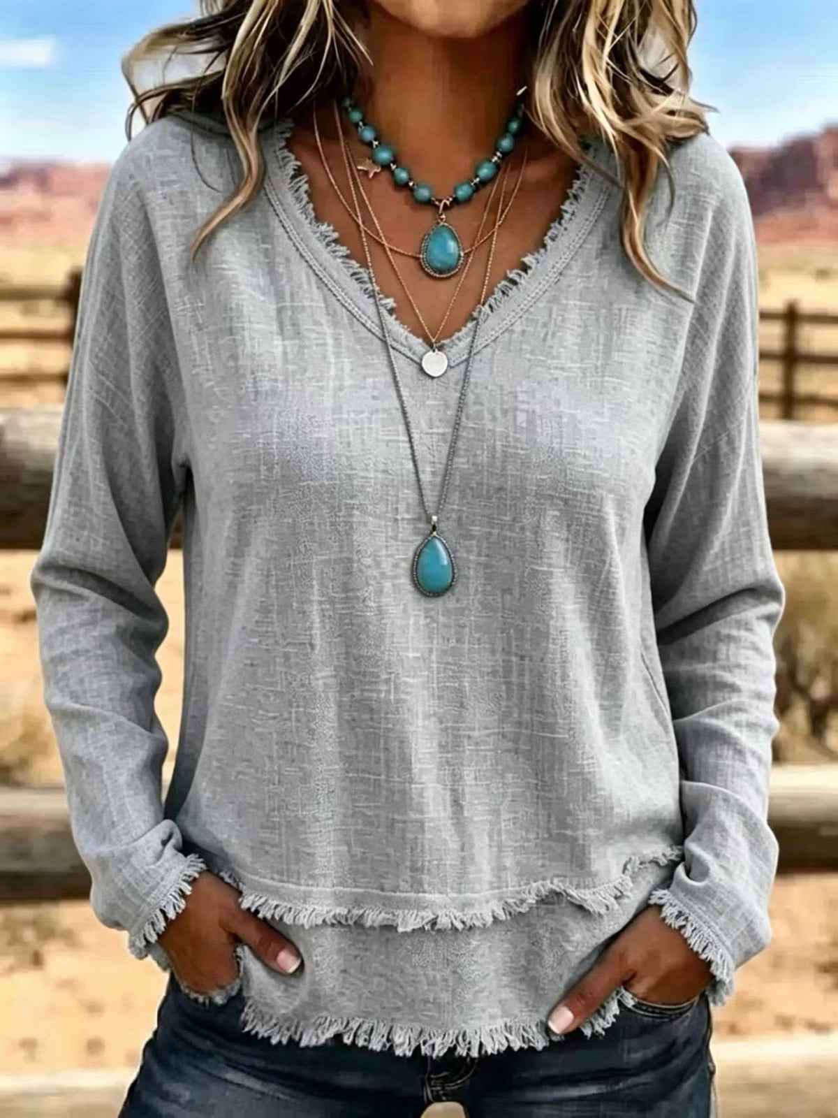 Margot Ainsley | Frayed V-Neck Long Sleeve Top