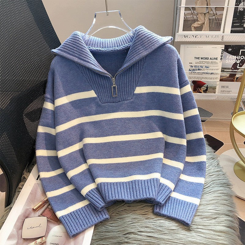 Siobhan Byrne | Striped Half-Zip Collared Knit Sweater