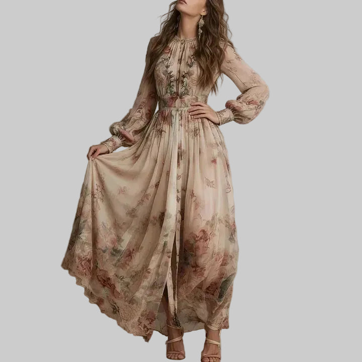 Women's Vintage Floral High Neck Maxi Dress with Long Sleeves