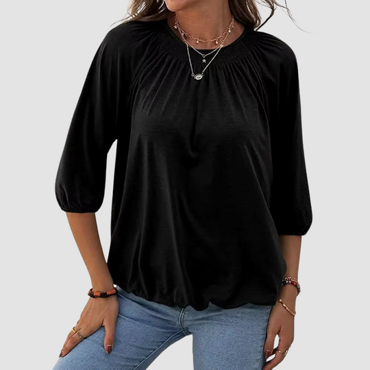 Marianne Osborne | Smocked Round Neck Blouse With Balloon Sleeves
