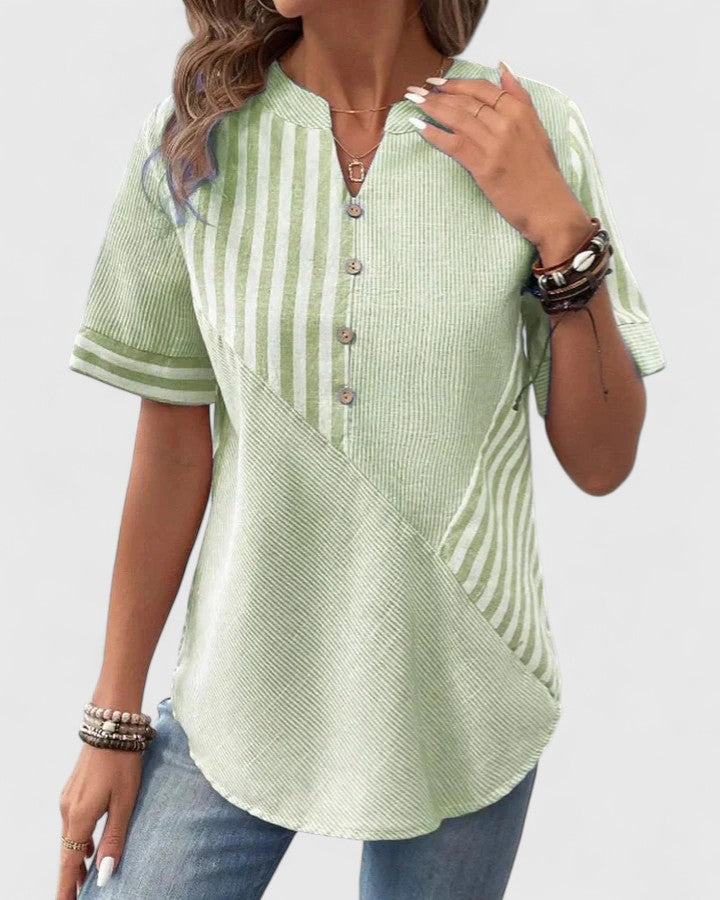 Eleanor Pemberton | Striped Notched-Neck Blouse With Button Detail